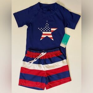 NWT Boys 9-12M Swim Set Outdoor Oasis Patriotic Flag Star Red White Blue Trunks
